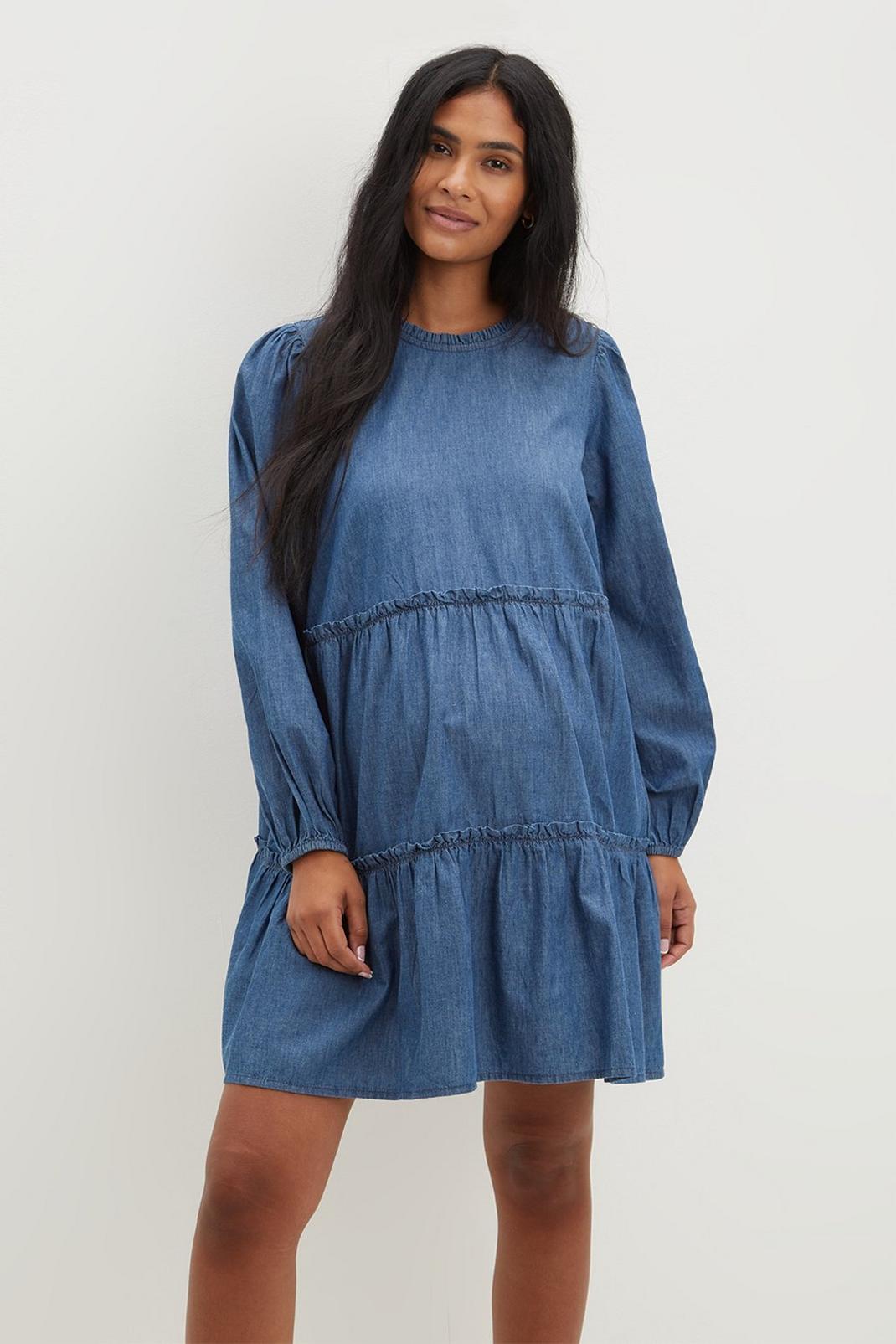 132 Maternity Long Sleeve Denim Tiered Dress image number 1