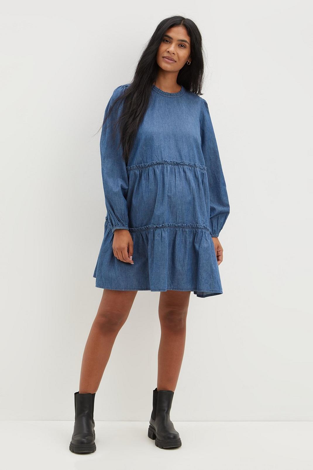 132 Maternity Long Sleeve Denim Tiered Dress image number 2