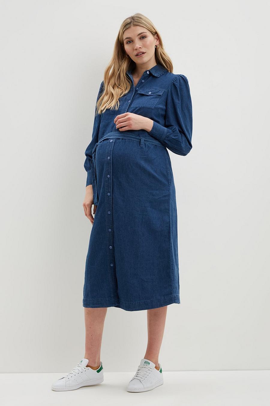 Maternity Denim Belted Midi Dress