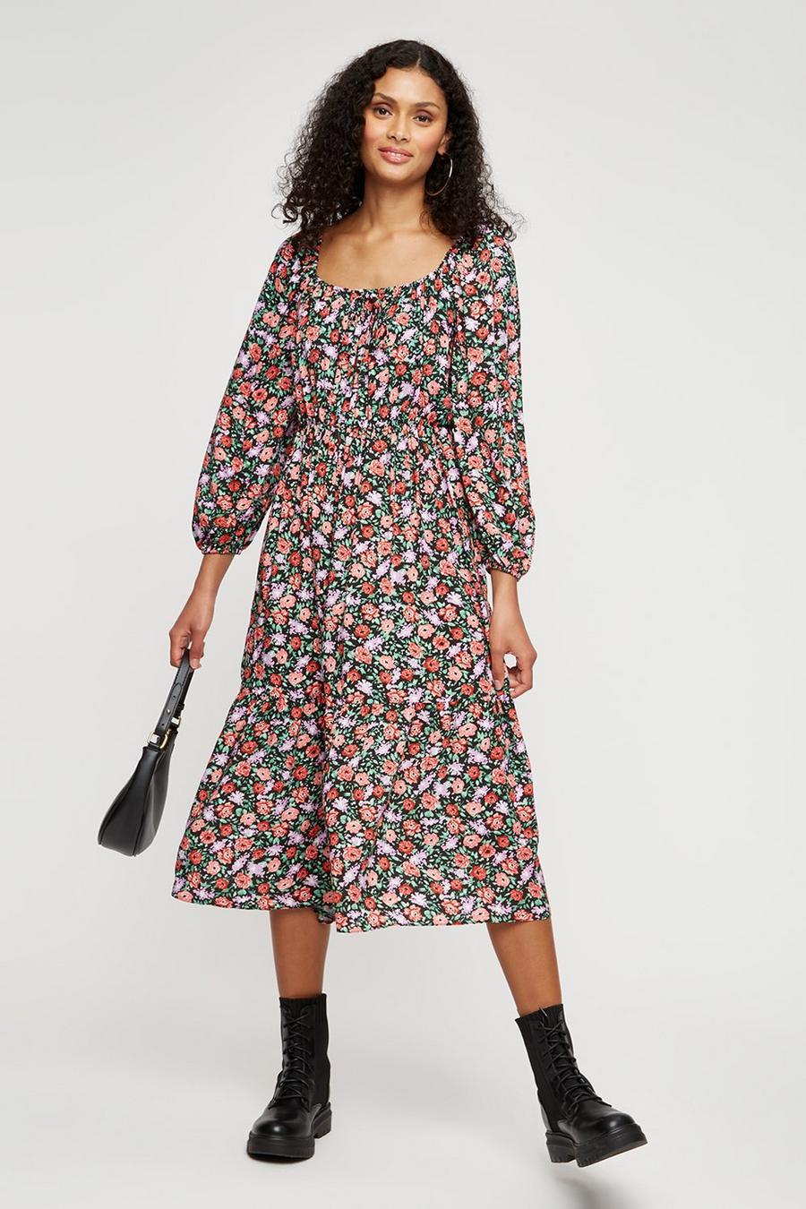 Red Floral Long Sleeve Tie Front Midi Dress