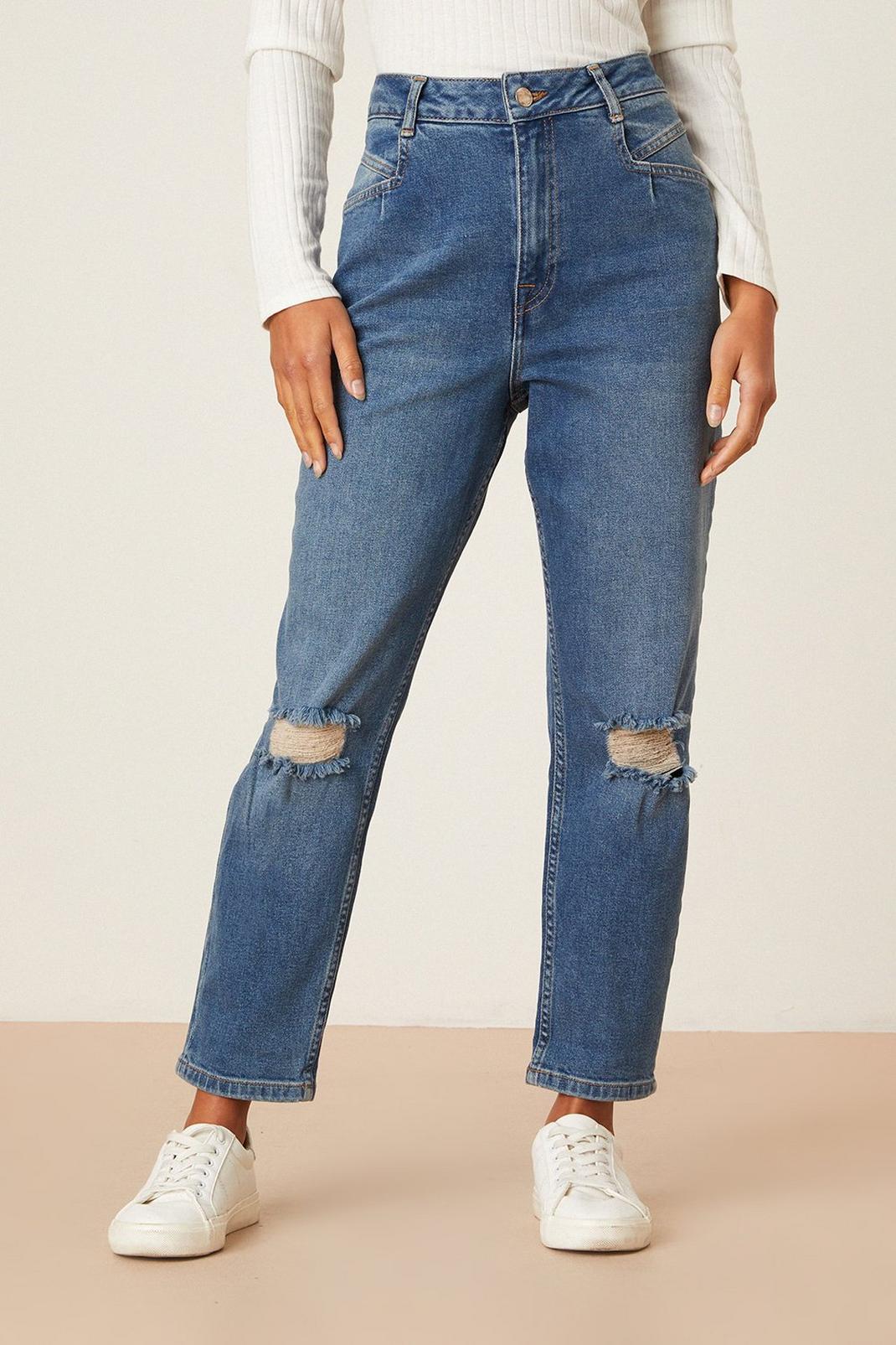 Mid wash Petite Ripped Pocket Detail Mom Jeans image number 1