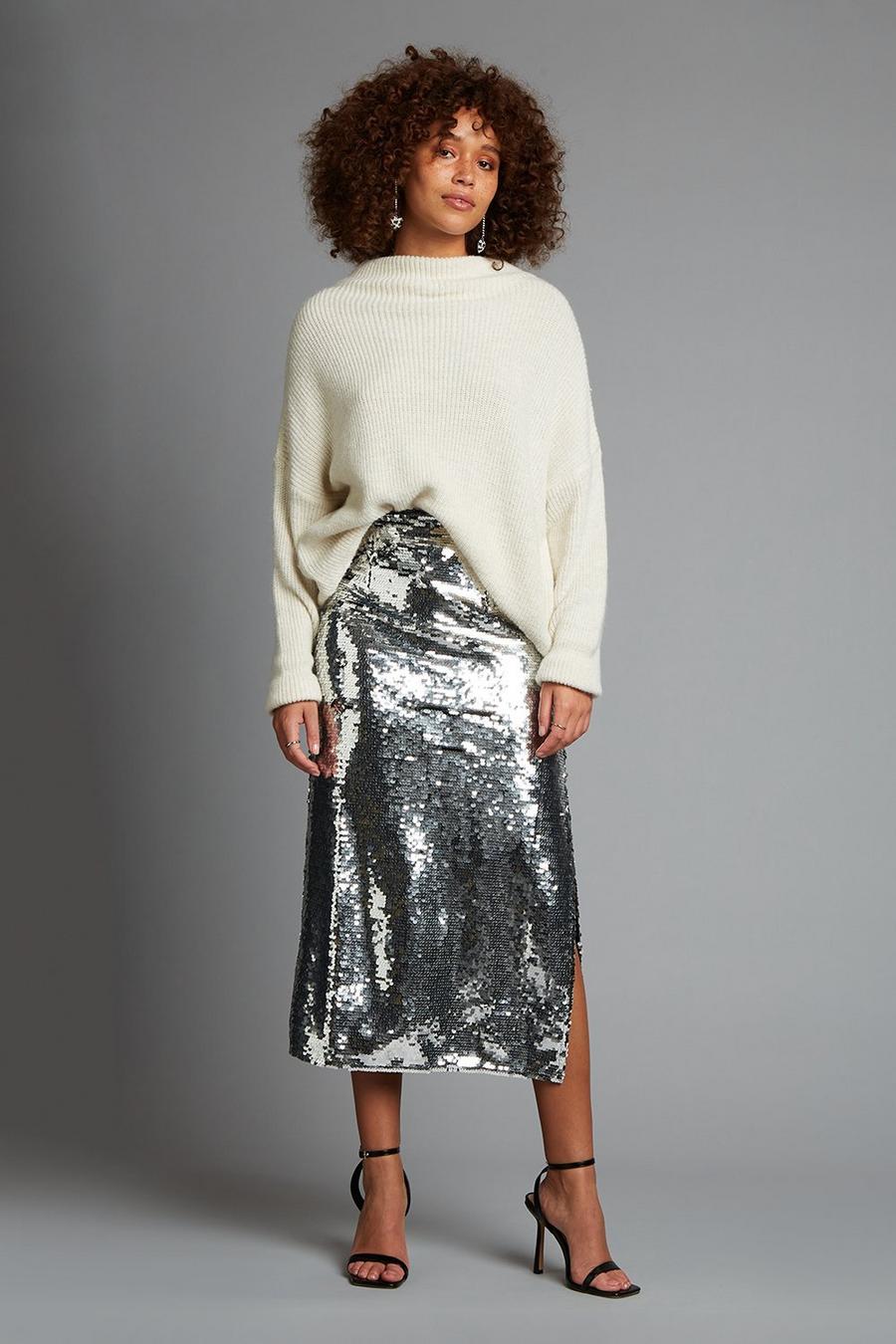Silver Sequin Midi Skirt 