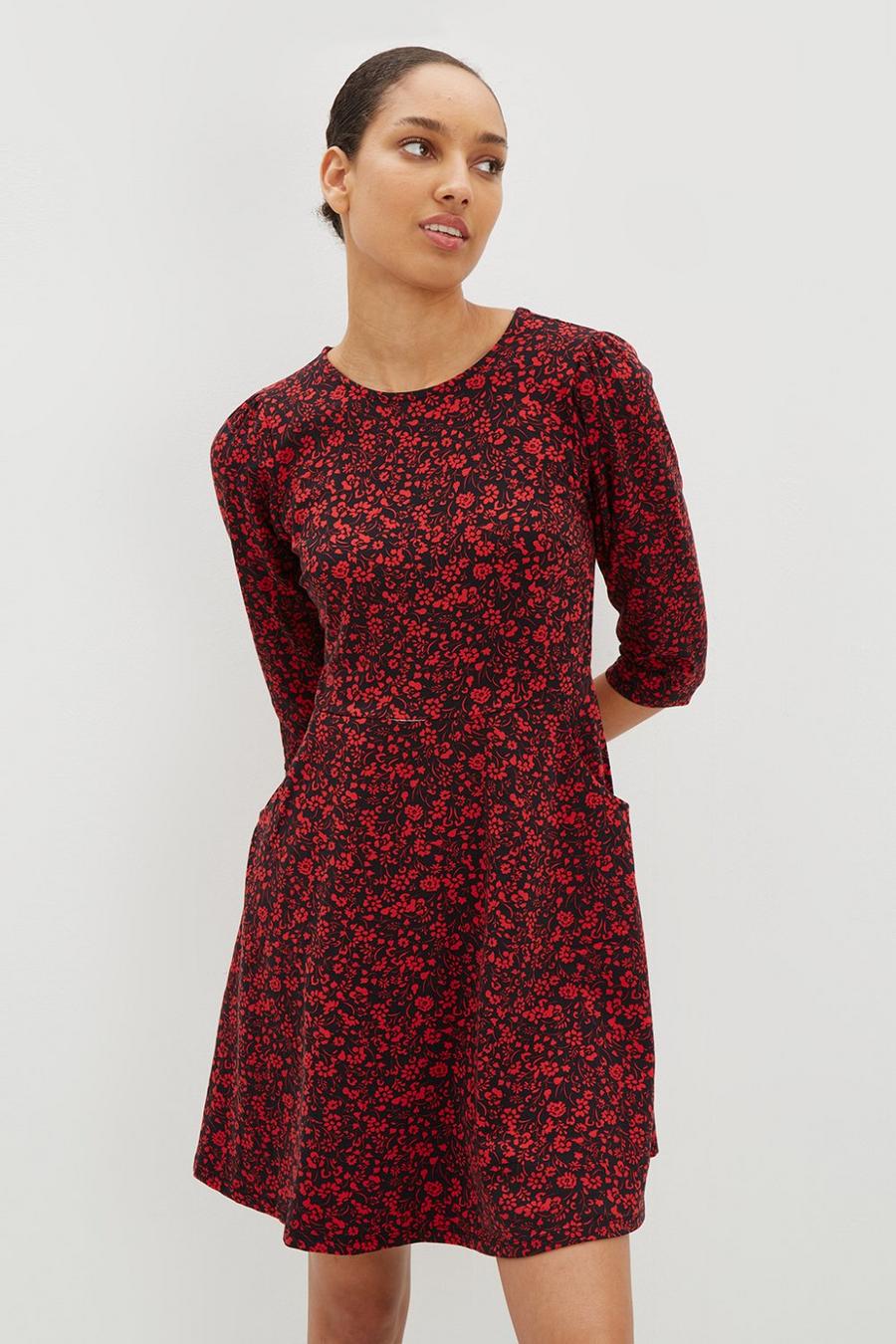 Red Ditsy Floral Long Sleeve Tshirt Dress