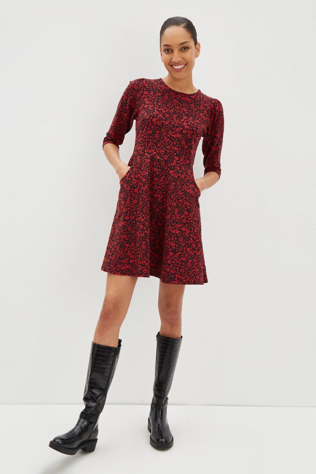 105 Red Ditsy Floral Long Sleeve Tshirt Dress image number 2