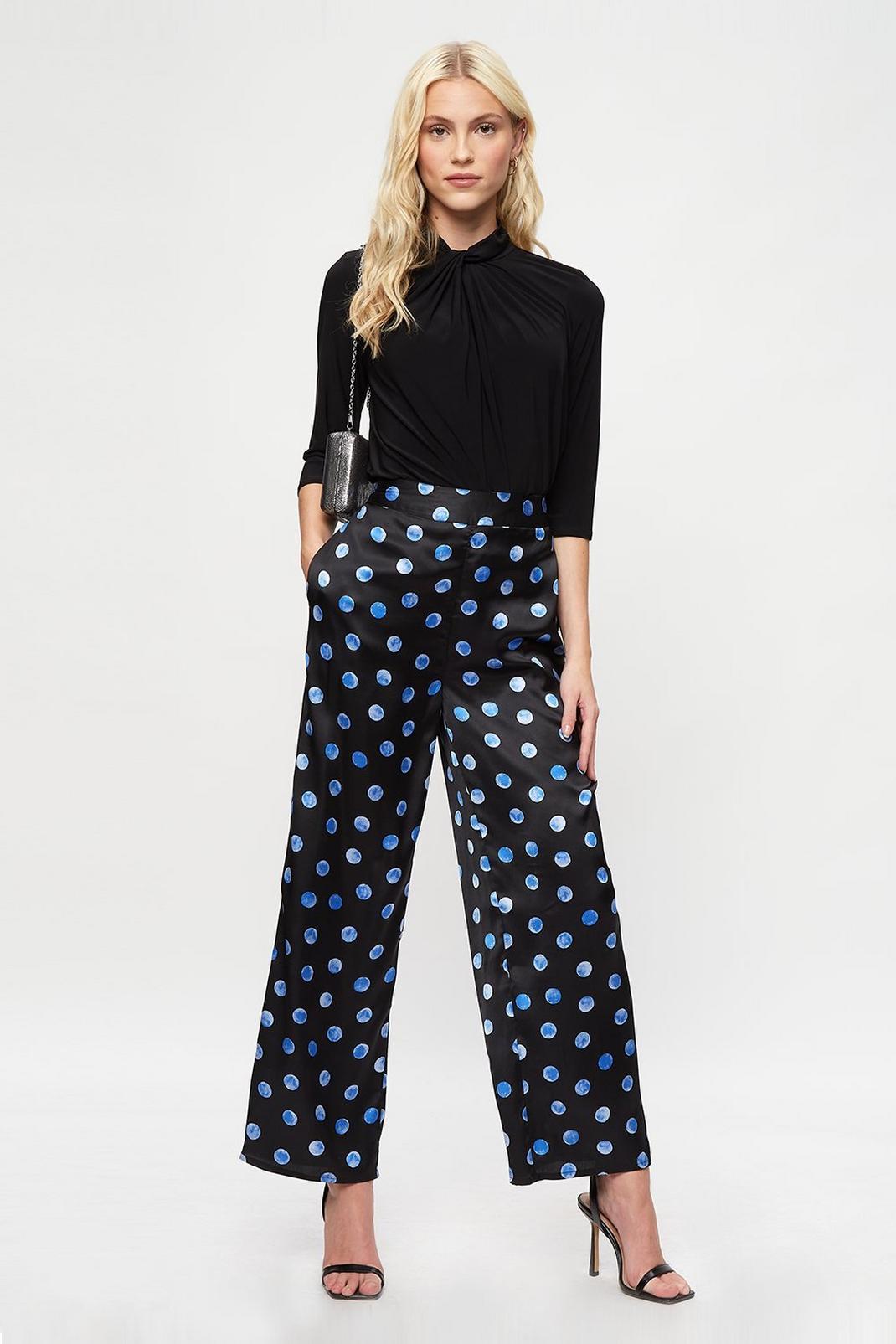 105 Blue Spot Satin Palazzo Trousers image number 1