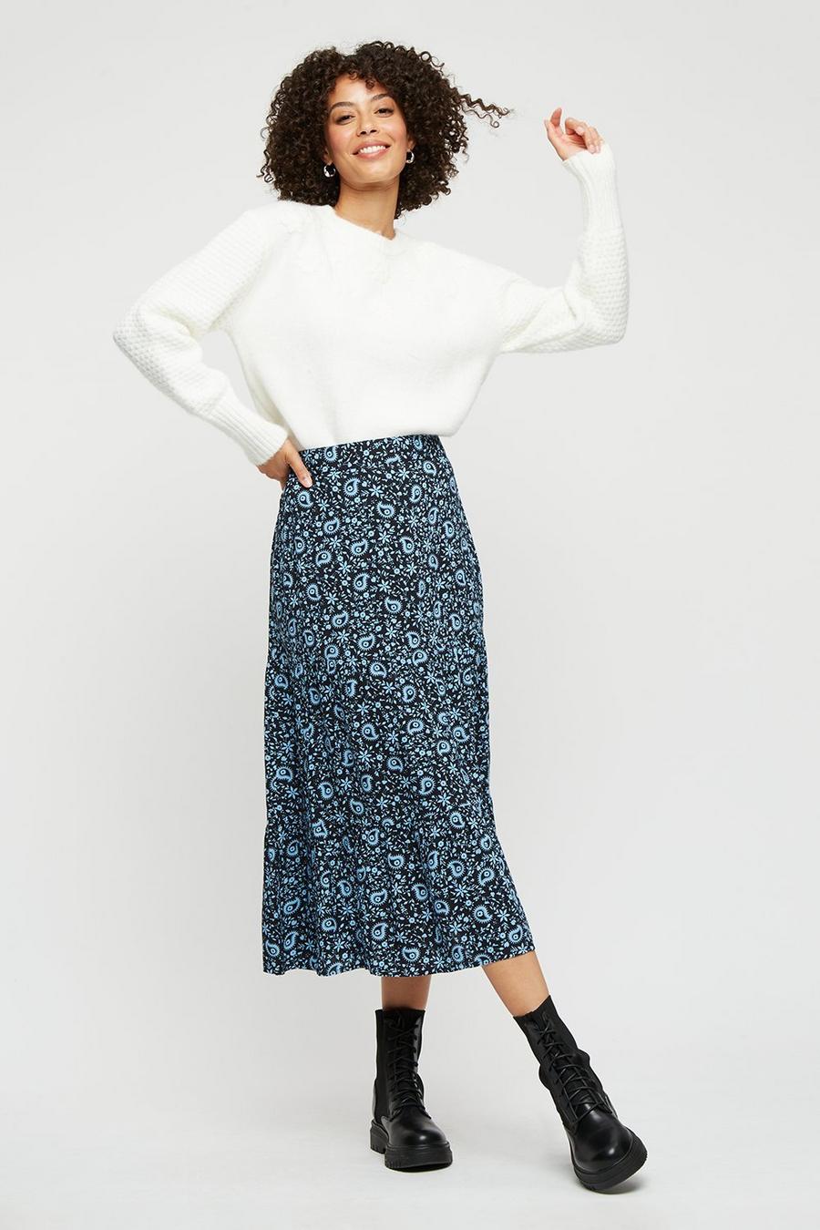 Blue Paisley Tiered Midi Skirt