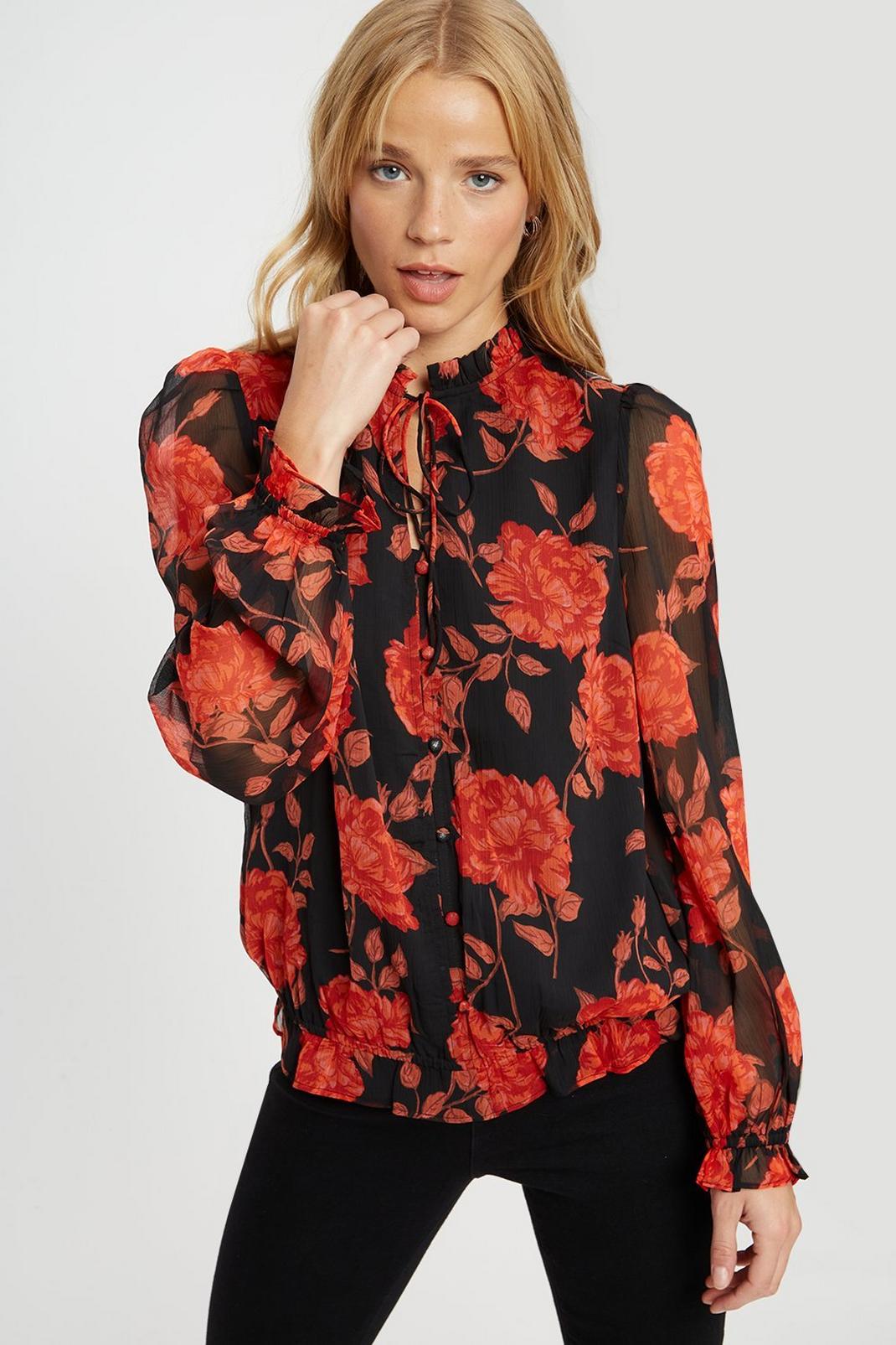 157 Red Floral Ruffle Tie Neck Top image number 1