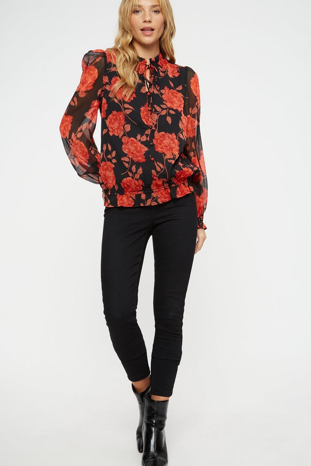 157 Red Floral Ruffle Tie Neck Top image number 2