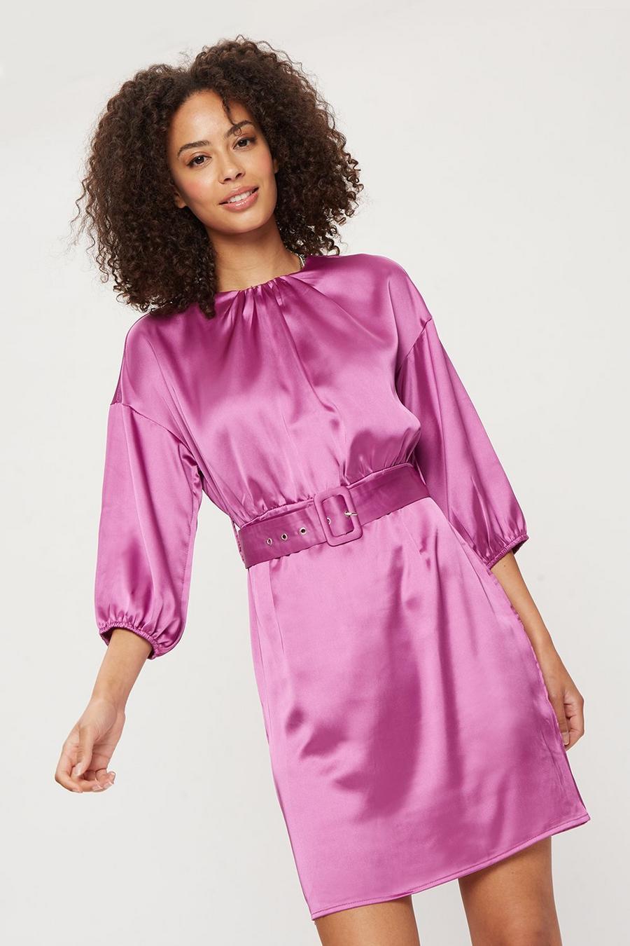 Purple Belted Satin Mini Dress