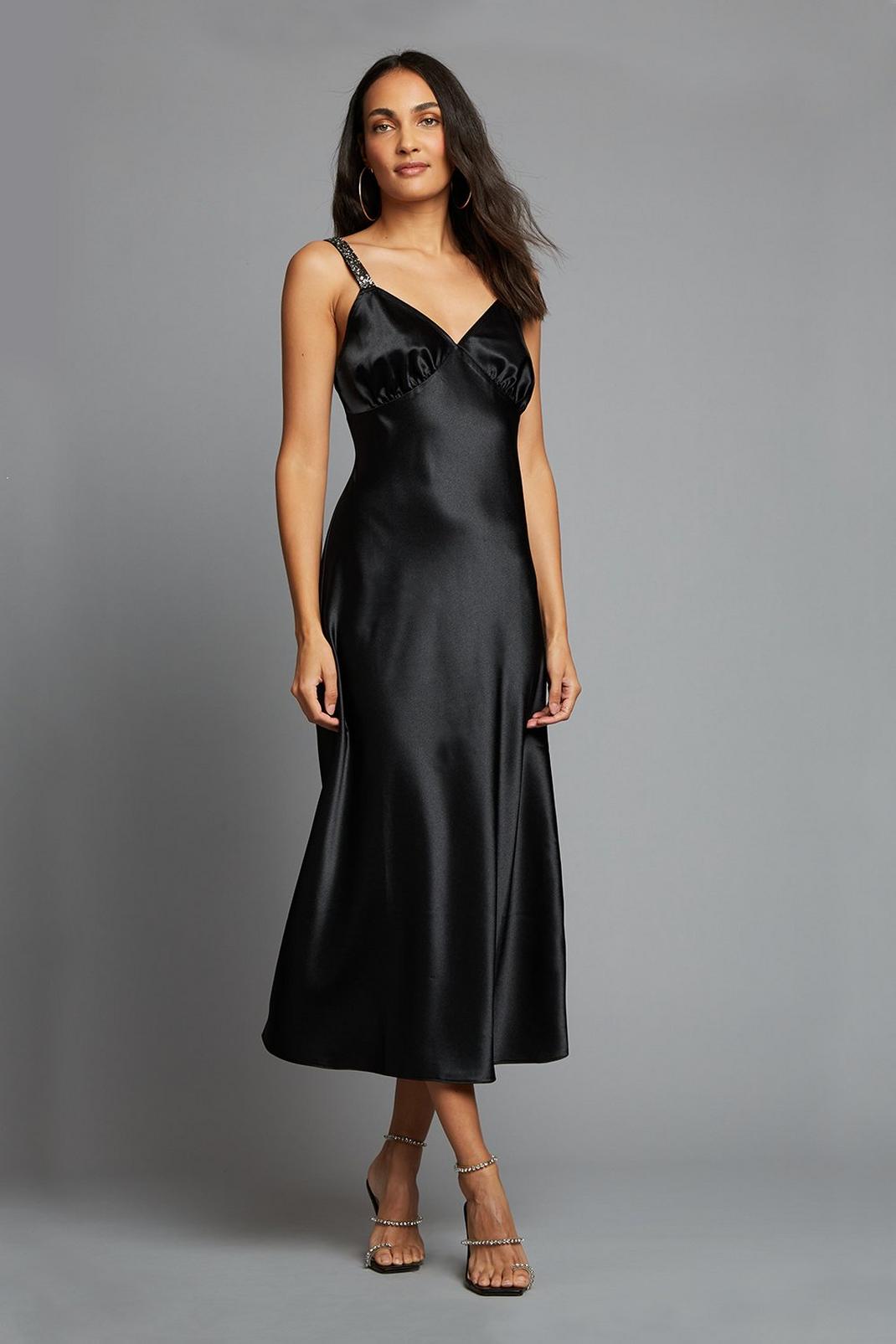 Black Satin Embellished Strap Midi Dress image number 1