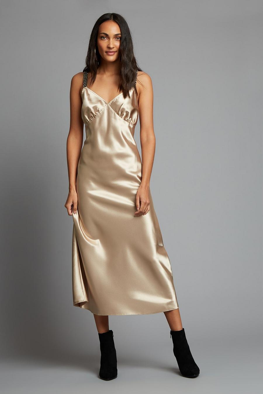 Satin Embellished Strap Midi Dress