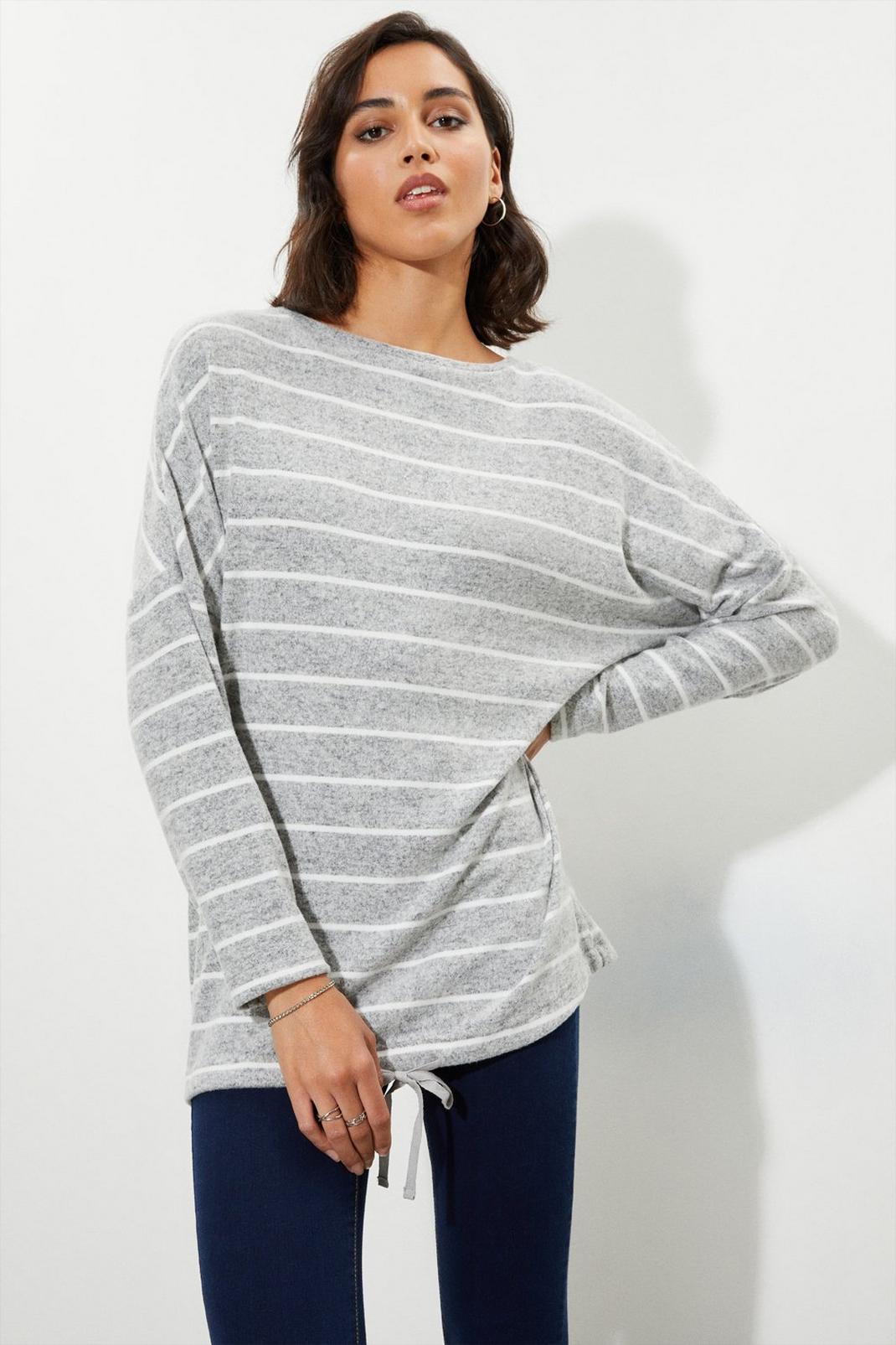 Grey Tall Stripe Soft Touch Drawstring Top image number 1
