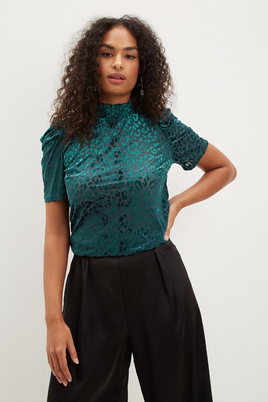 Tall Animal Velvet Ruched Sleeve Top