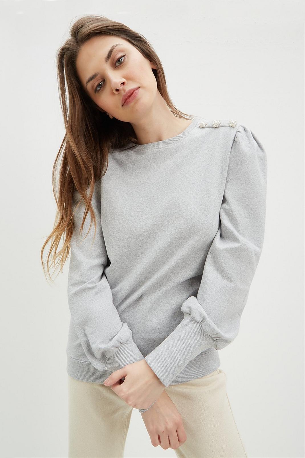 Grey marl Tall Diamante Puff Sleeve Sweatshirt image number 1