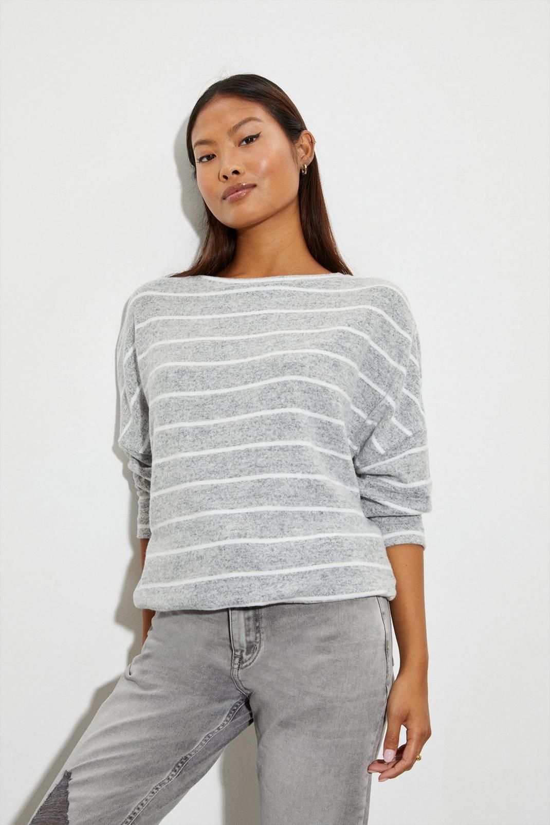 Grey Petite Stripe Soft Touch Drawstring Top image number 1