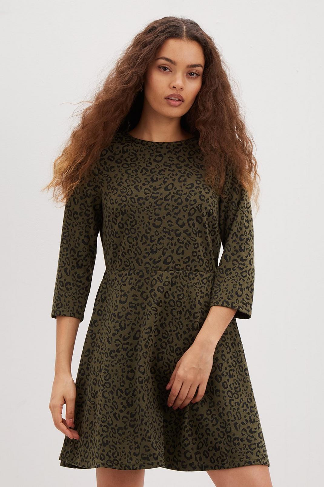 Petite Khaki Leopard Ponte Fit And Flare Dress image number 1