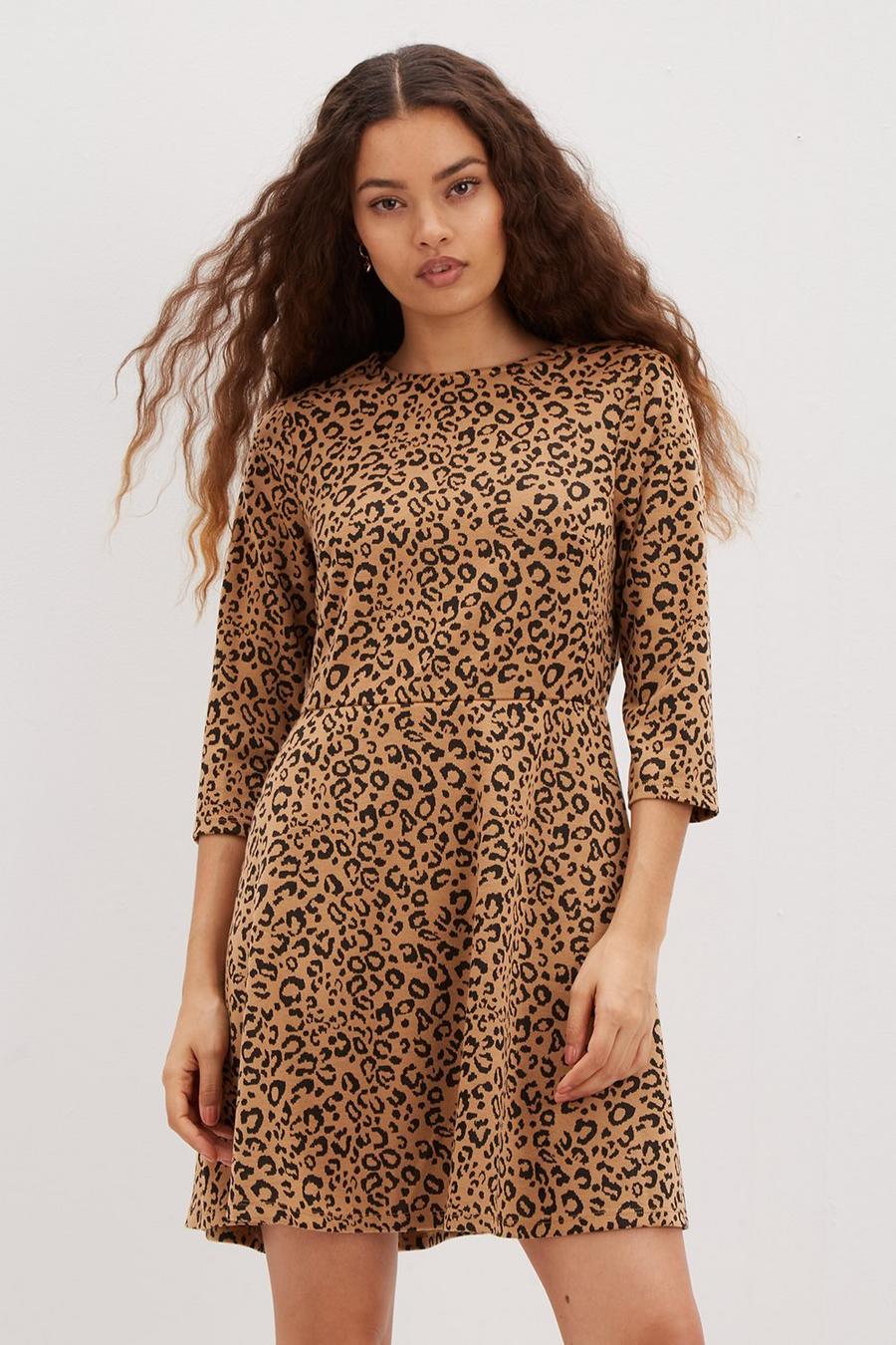 Petite Camel Leopard Ponte Fit And Flare Dress