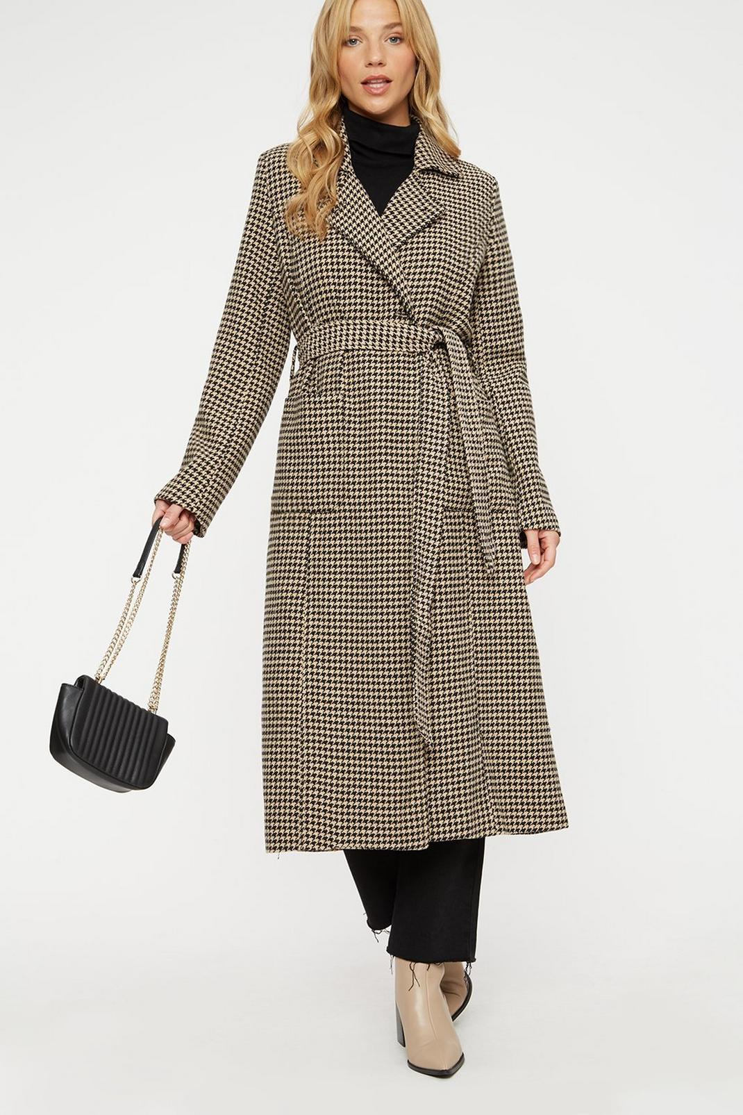 111 Camel And Black Dogtooth Single Breasted Coat image number 1