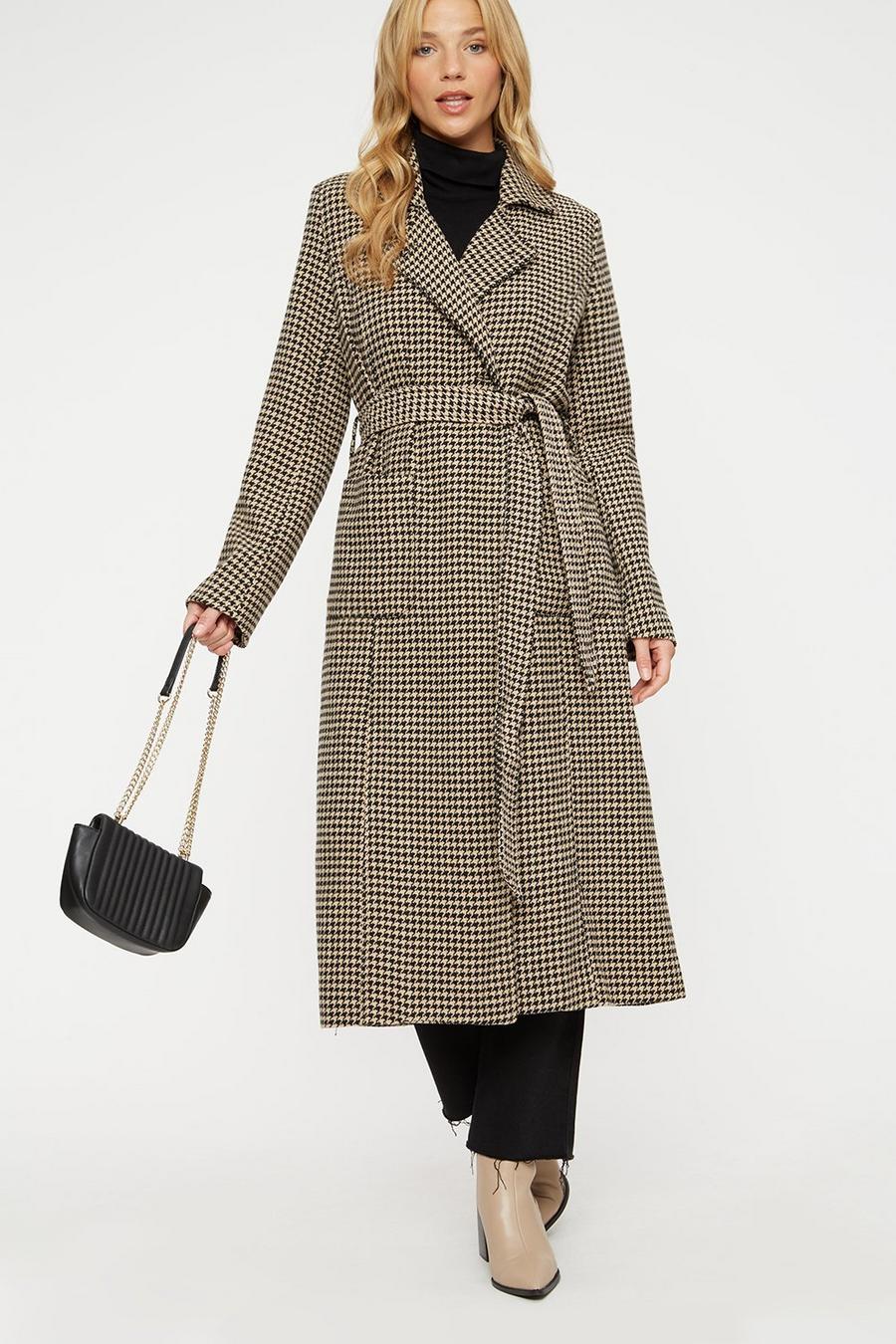 Camel And Black Dogtooth Single Breasted Coat