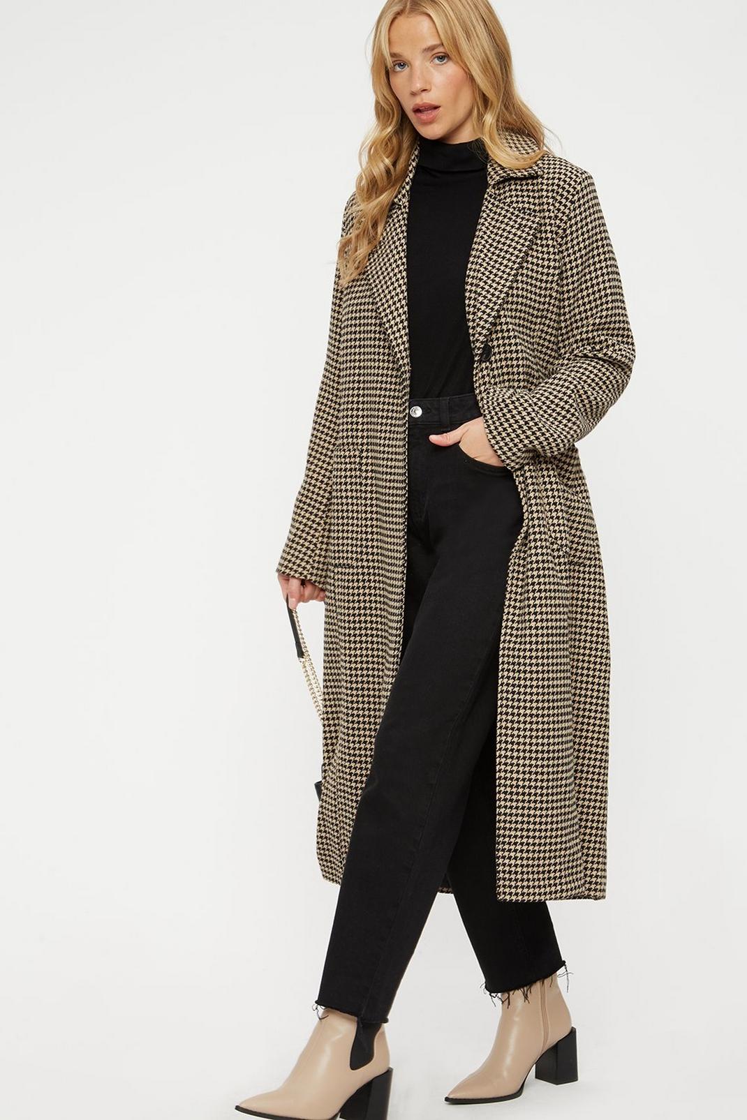 111 Camel And Black Dogtooth Single Breasted Coat image number 2
