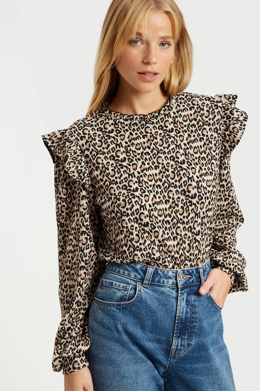 Leopard Print High Neck Frill Shoulder Top