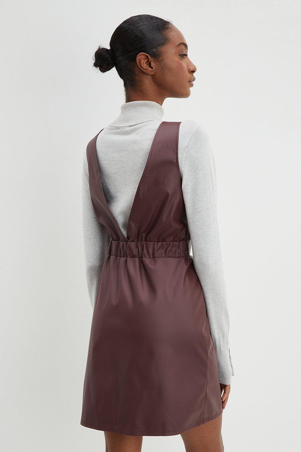 brown leather pinafore dress