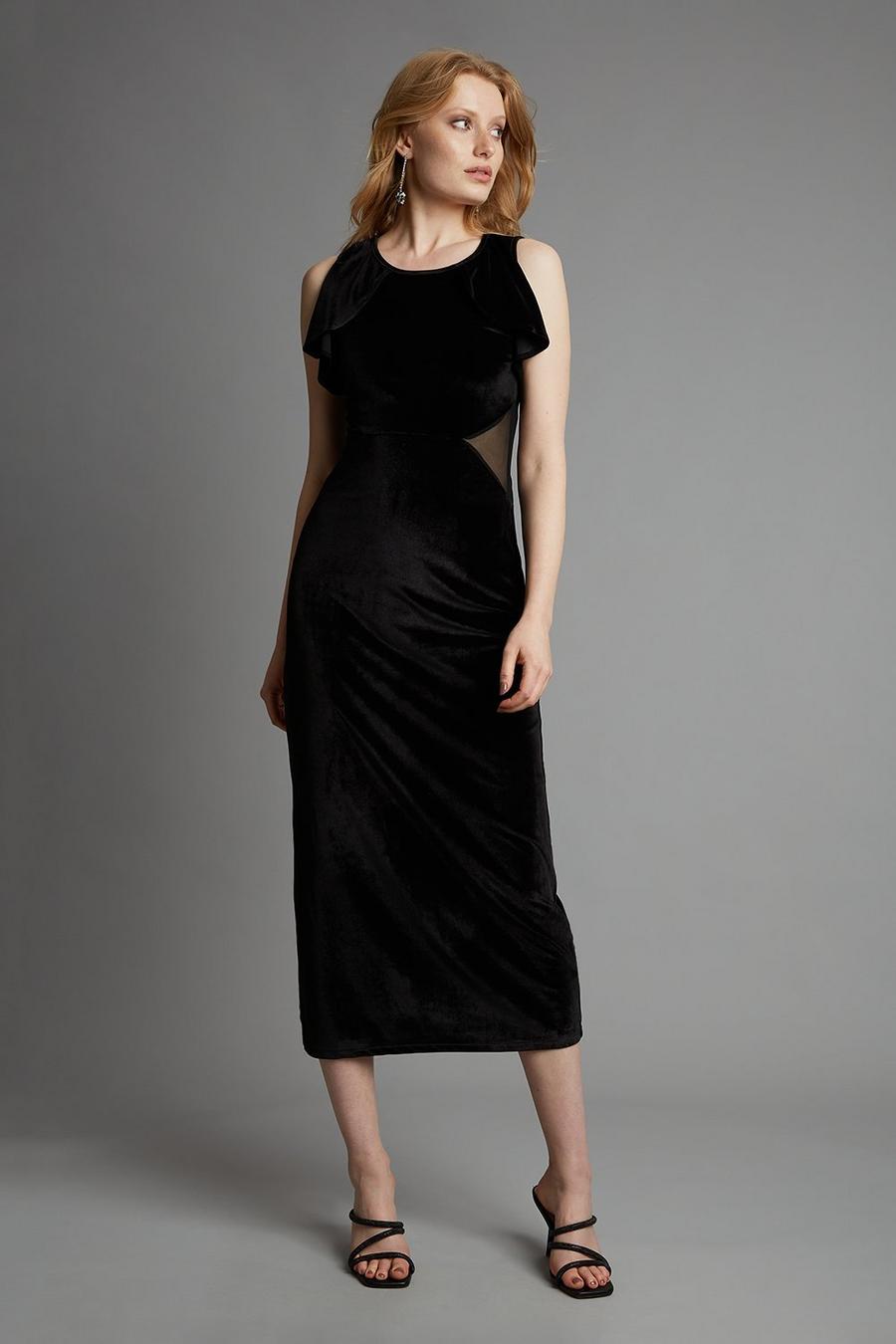 Black Velvet Mesh Side Detail Midi Dress