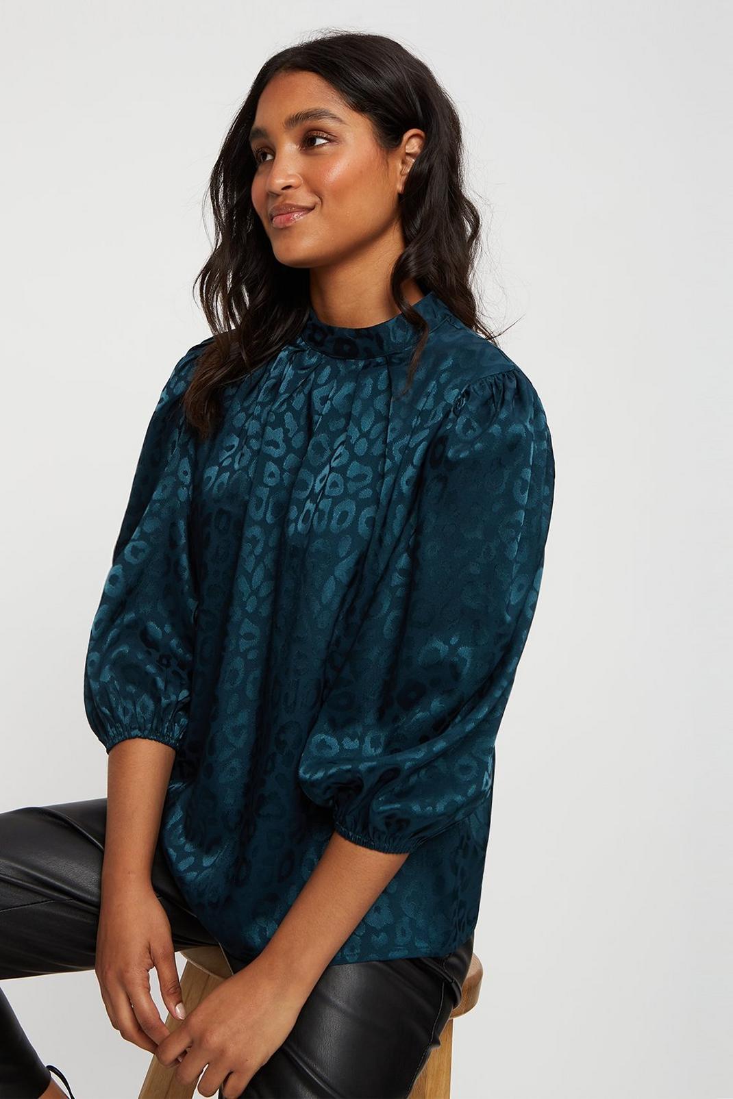 Green Animal Jacquard High Neck Puff Sleeve Top image number 1