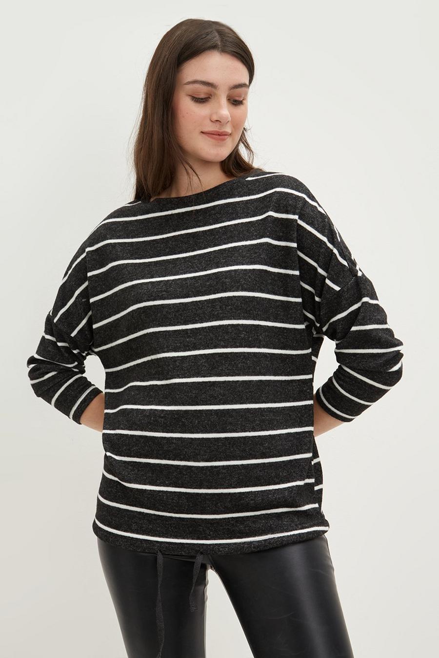 Stripe Long Sleeve Brushed Soft Touch Drawstring Top
