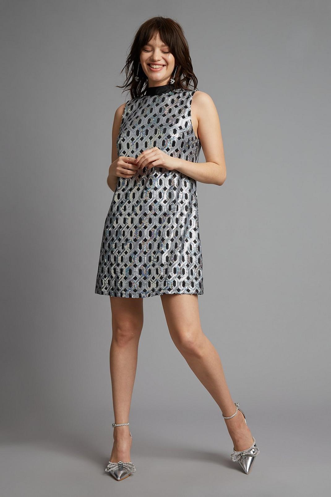 Black Petite Sequin Geo Sleeveless Shift Dress image number 1