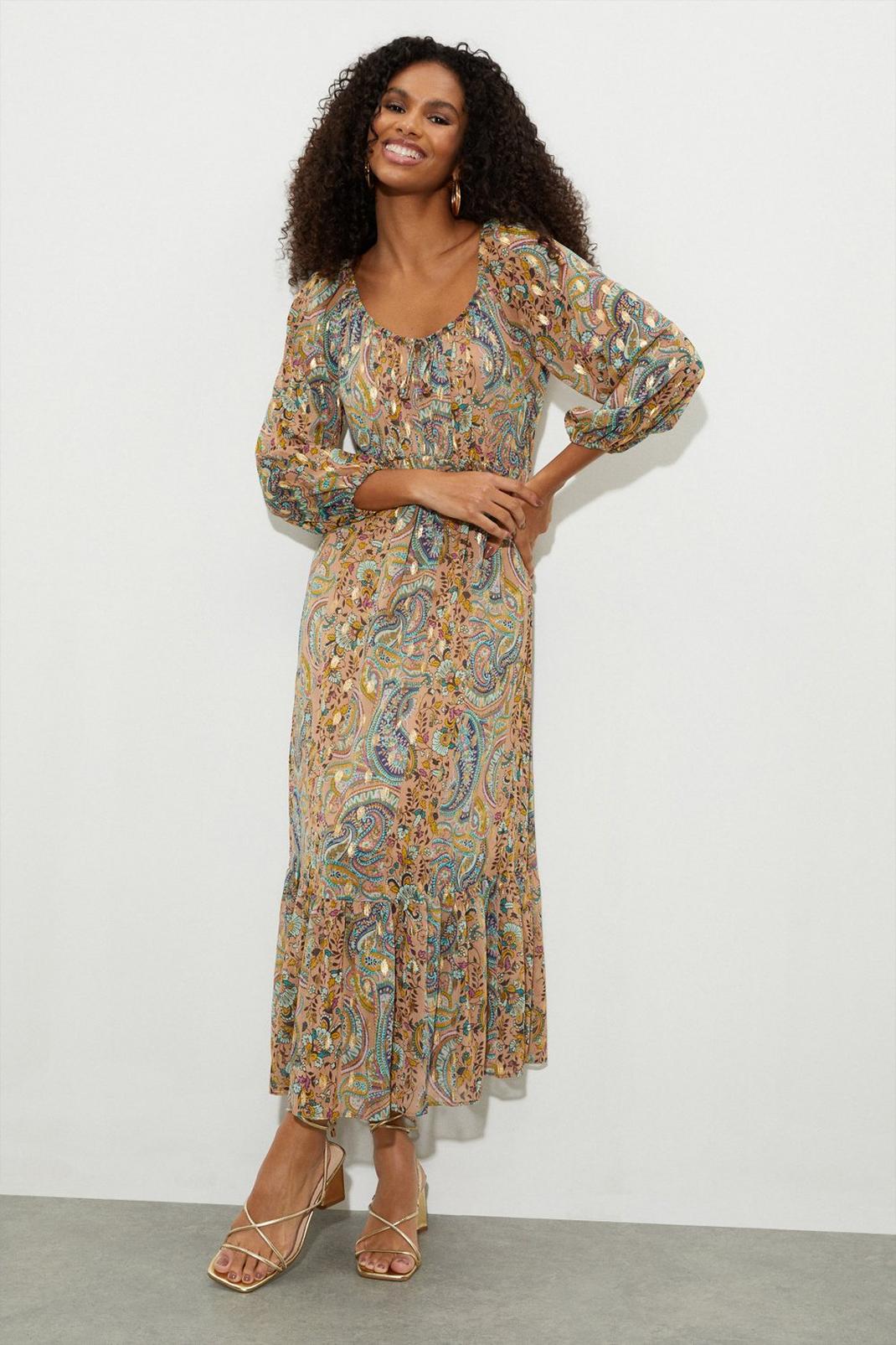 Blue Paisley Tie Front Midi Dress image number 1