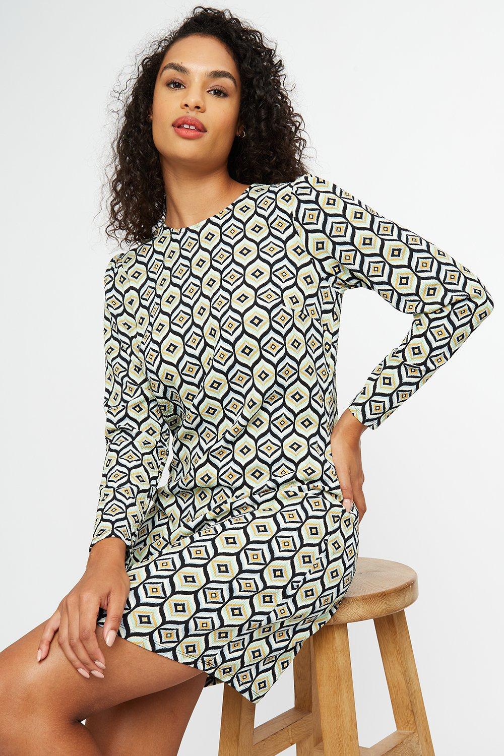 print shift dress with sleeves