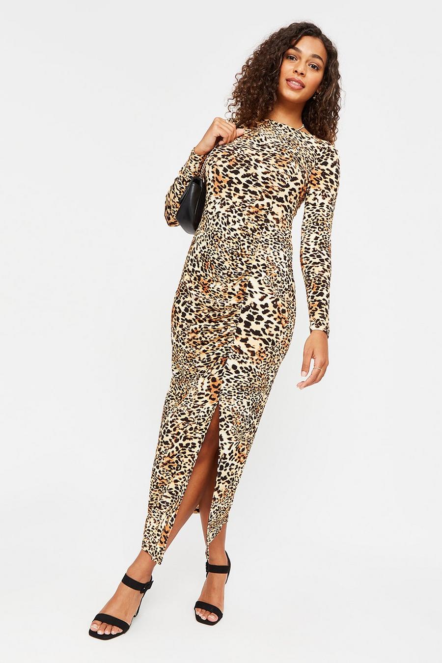Leopard Print Side Ruched Midi Dress