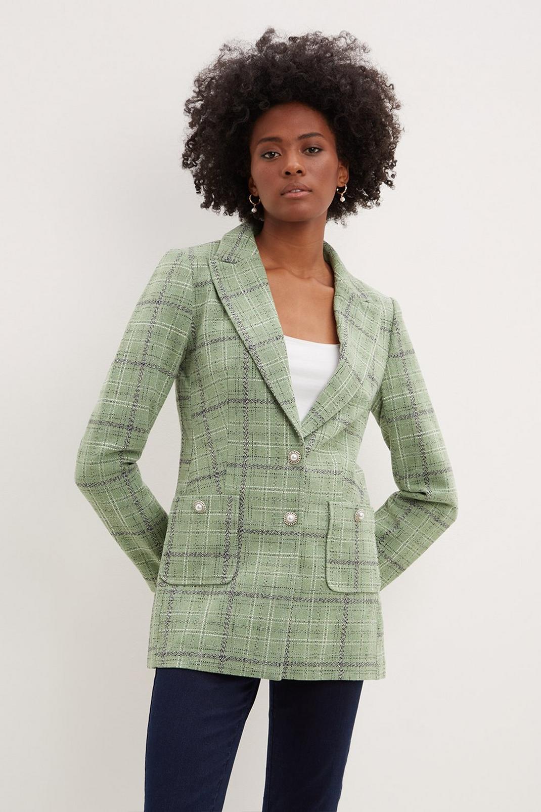 Green Tall Check Boucle Blazer image number 1