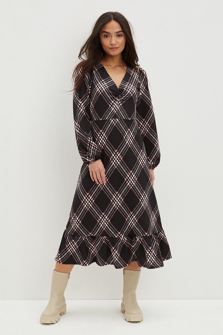Petite Pink Check Ruched Front Midi Dress