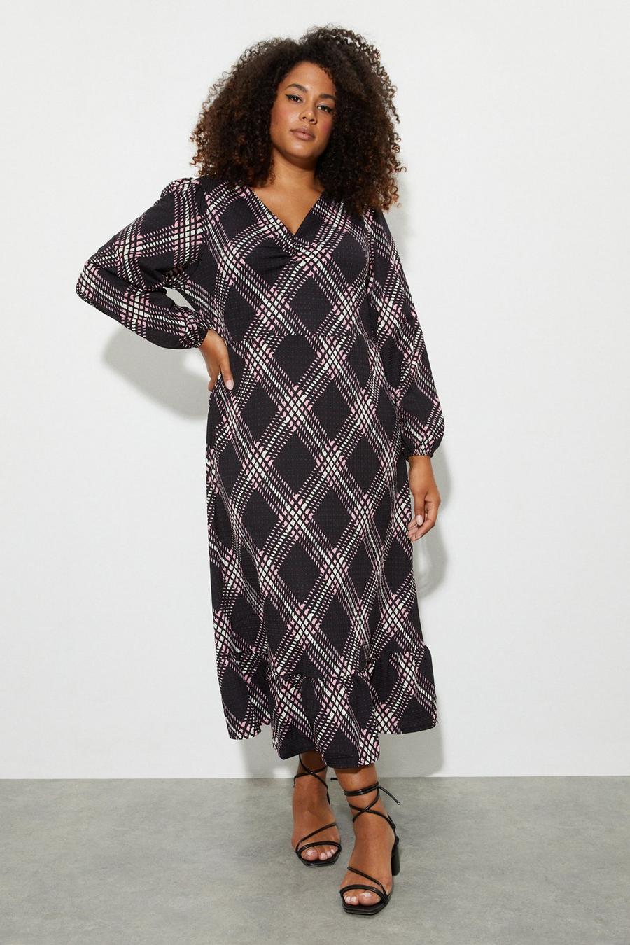 Curve Pink Check Ruched Front Midi Dress