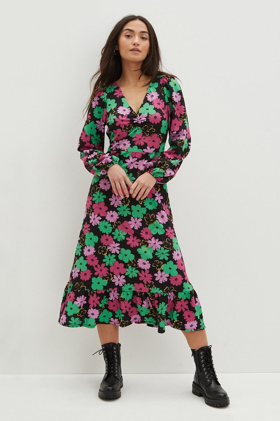 Petite Floral Ruched Front Midi Dress
