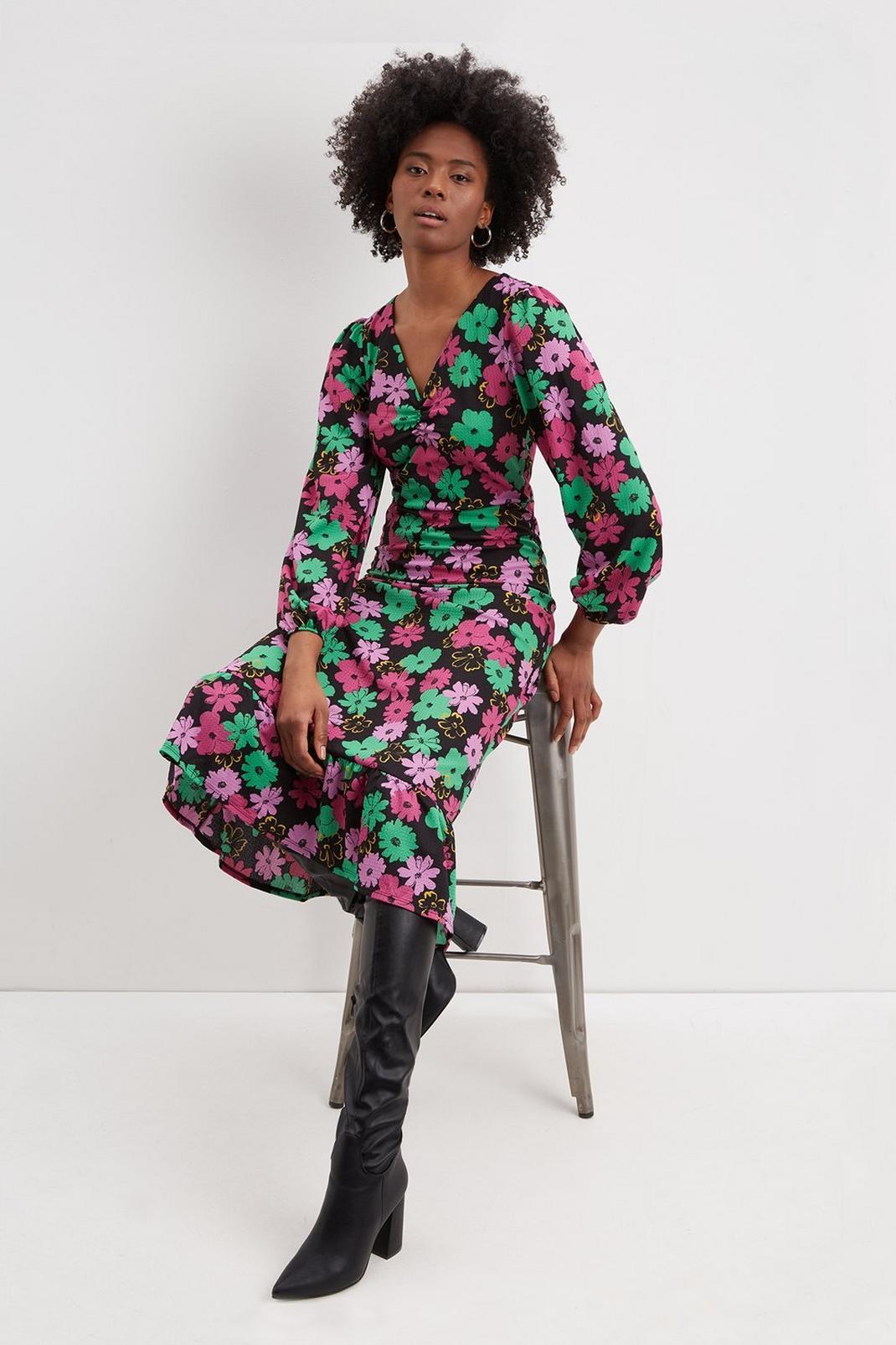 Tall Multi Floral Ruched Front Midi Dress image number 1