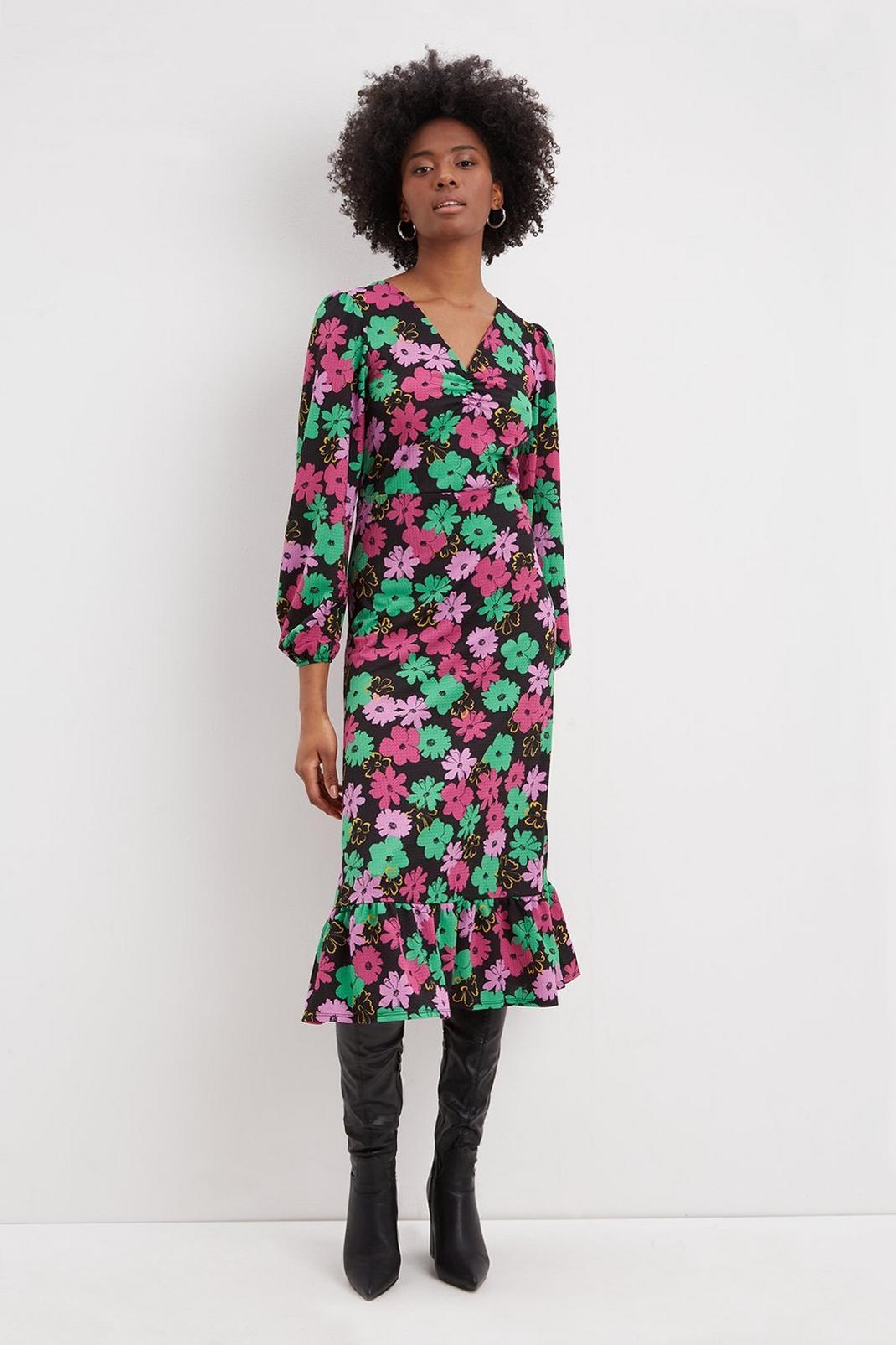 144 Tall Multi Floral Ruched Front Midi Dress image number 2