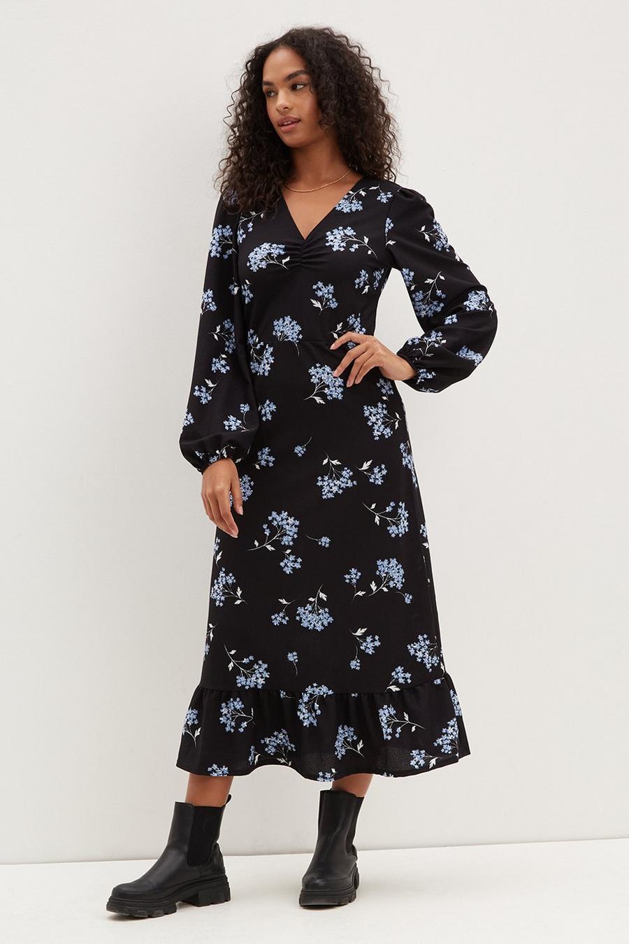 Tall Blue Floral Ruched Front Midi Dress