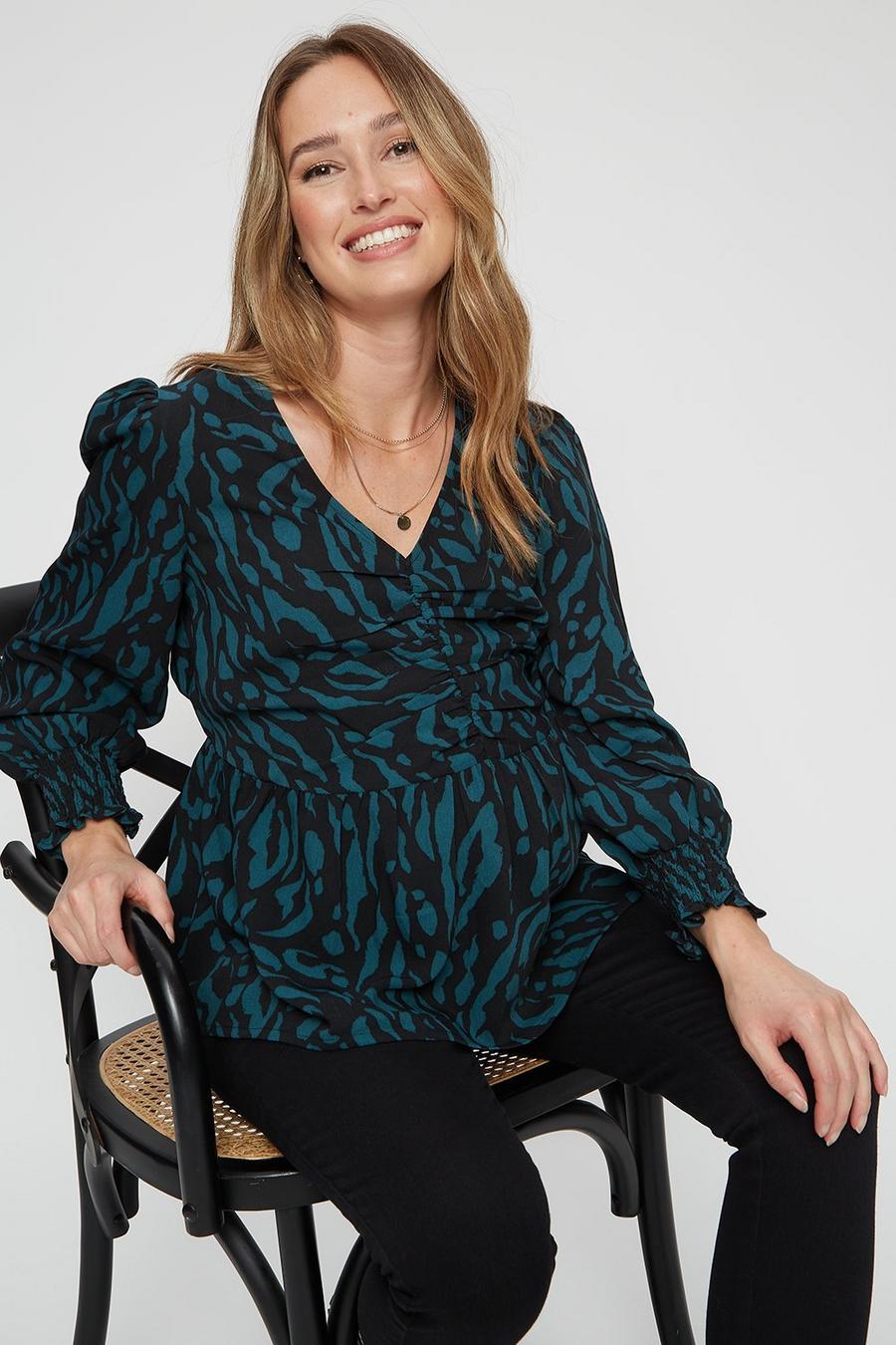 Maternity Green Leopard Ruched Front Top