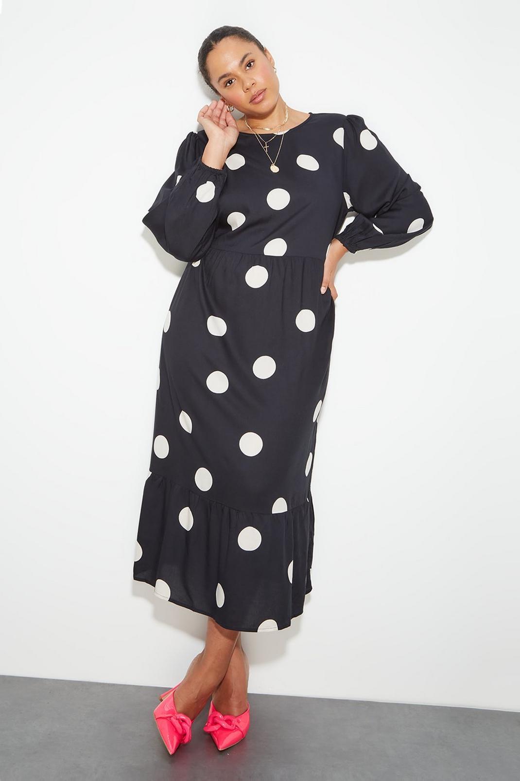Multi Curve Black Spot Shirred Waist Midaxi Dress image number 1