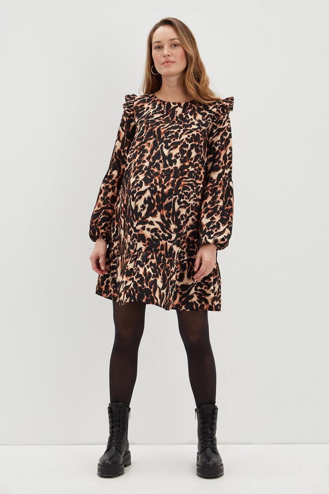 193 Maternity Leopard Frill Tier Mini Dress image number 1