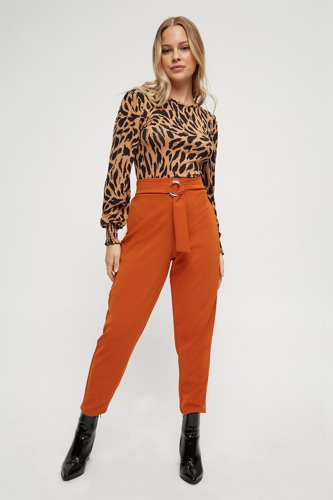 Rust Petite Buckle Detail Straight Leg Trousers image number 1