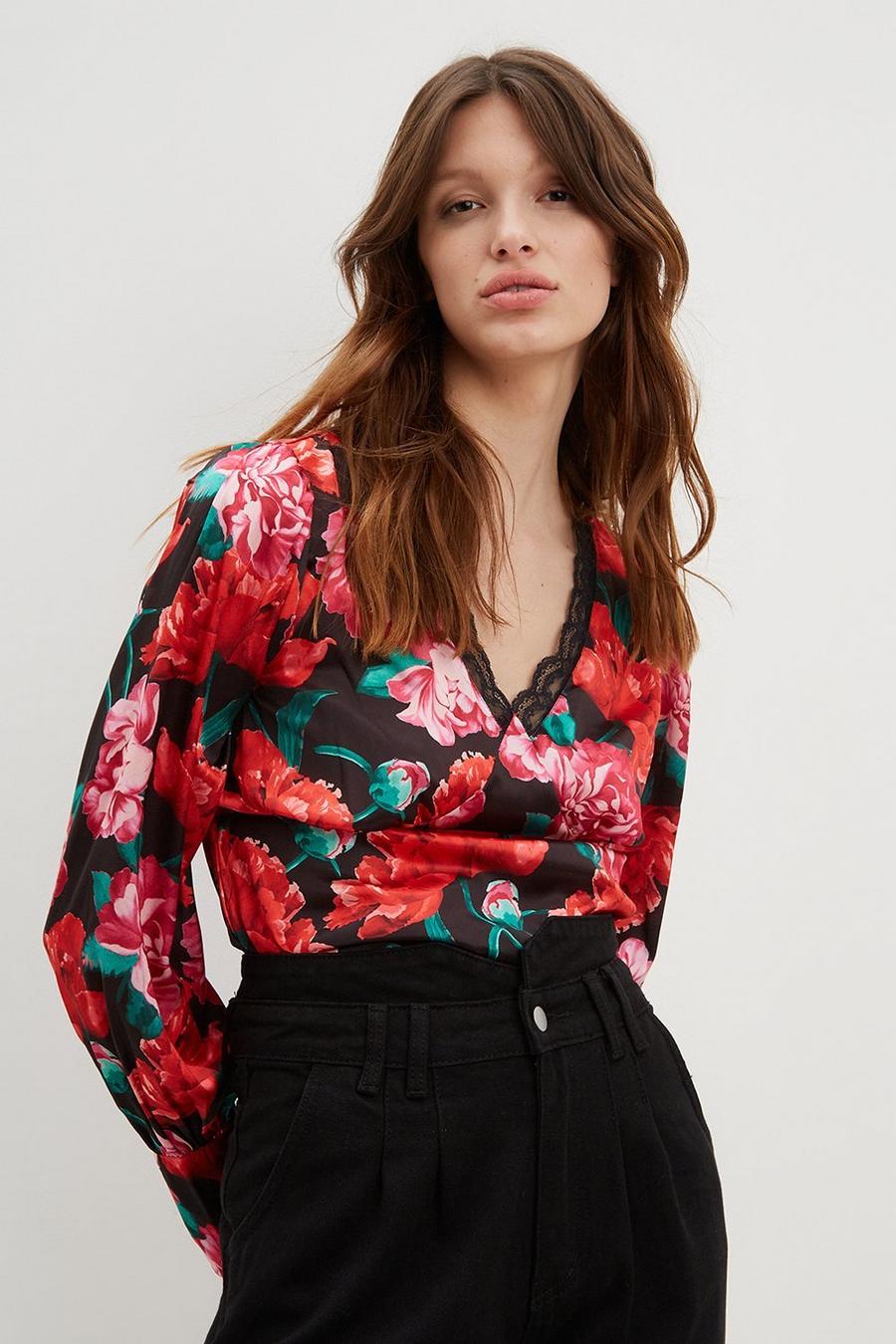 Red Floral Satin Lace Trim Top