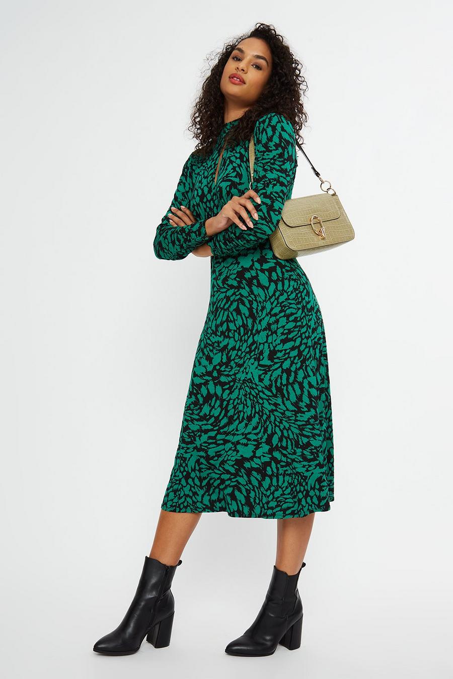 Green Animal Keyhole Midi Dress 