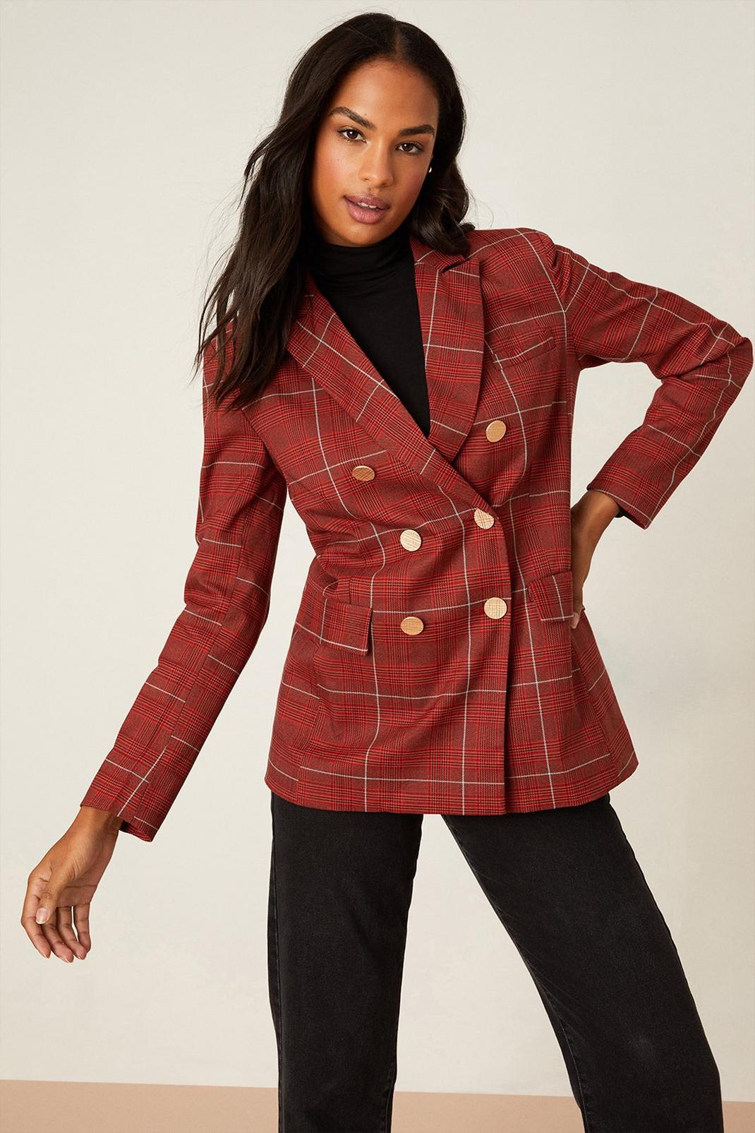 Brick red Check Double Breasted Blazer image number 1