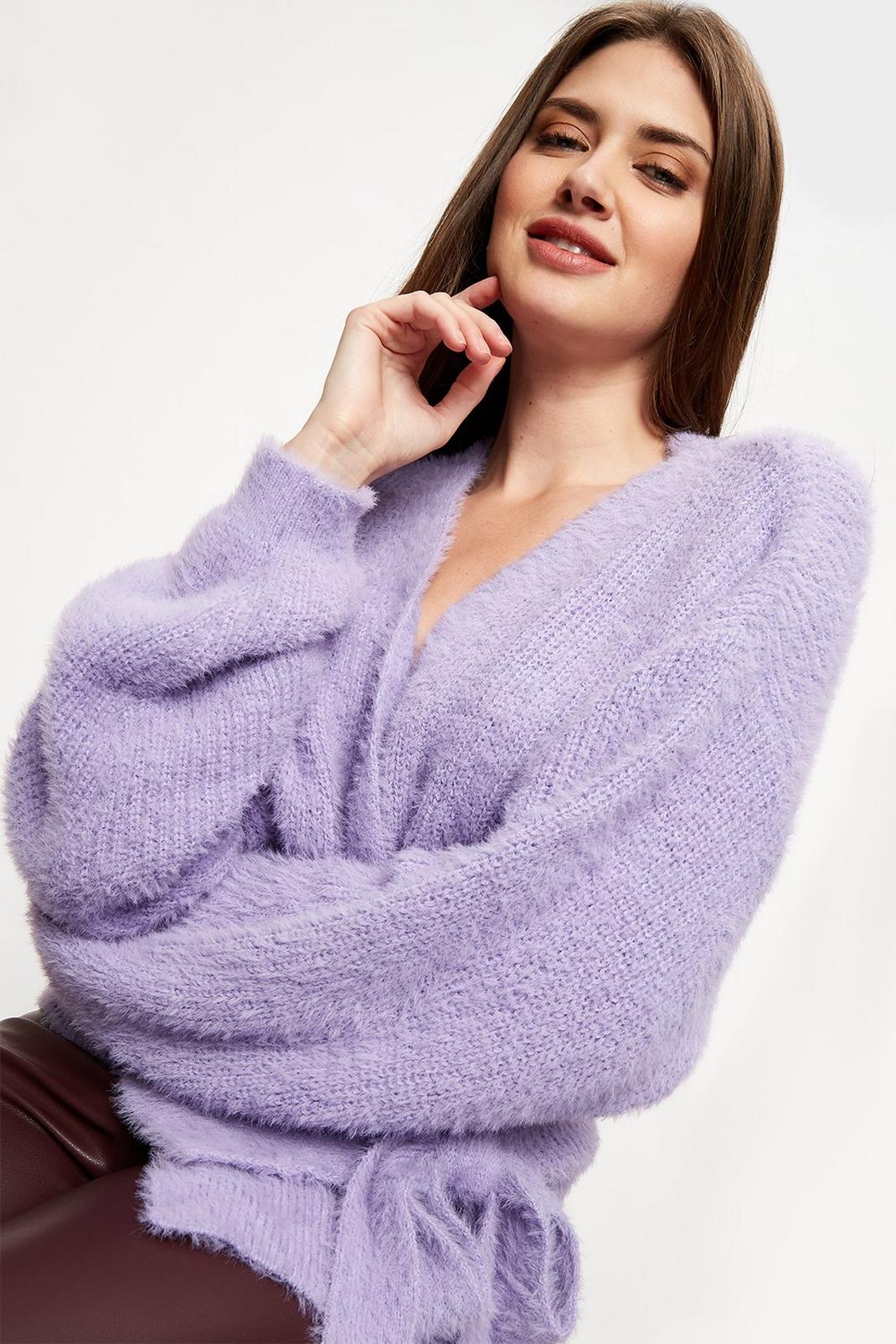 Lilac Tall Fluffy Tie Waist Knitted Cardigan image number 1