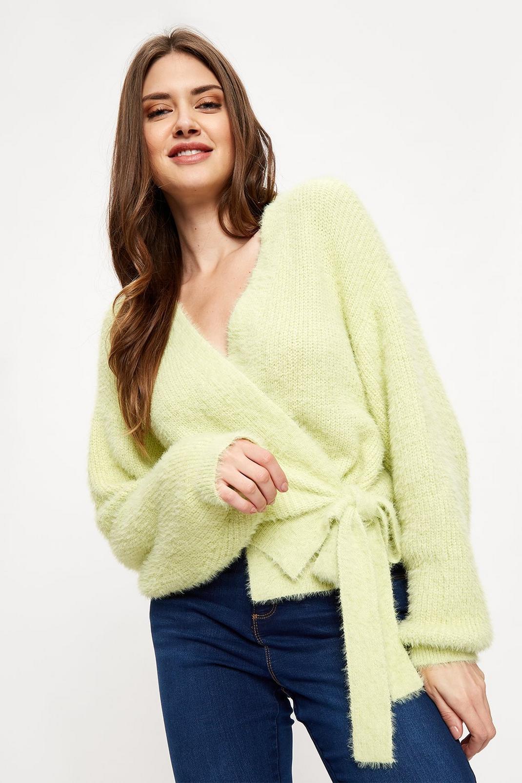 Lime Tall Fluffy Tie Waist Knitted Cardigan image number 1