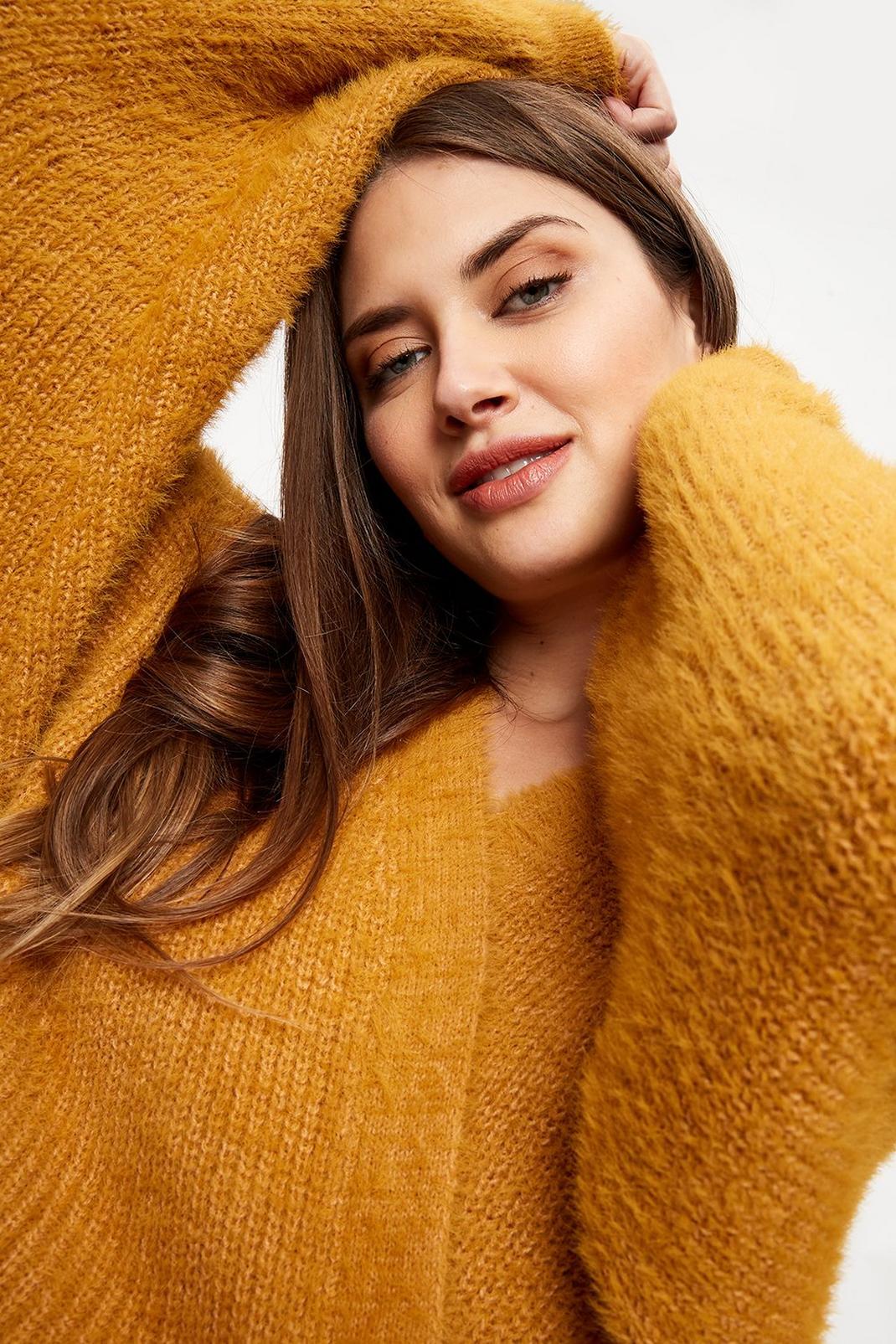 Ochre Tall Fluffy Tie Waist Knitted Cardigan image number 1